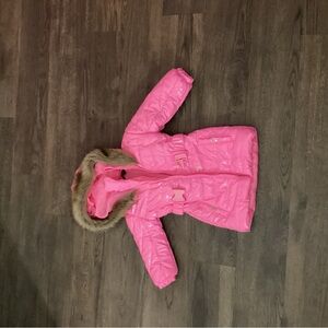 Pink Kids Puffer Jacket with Faux Fur Hood